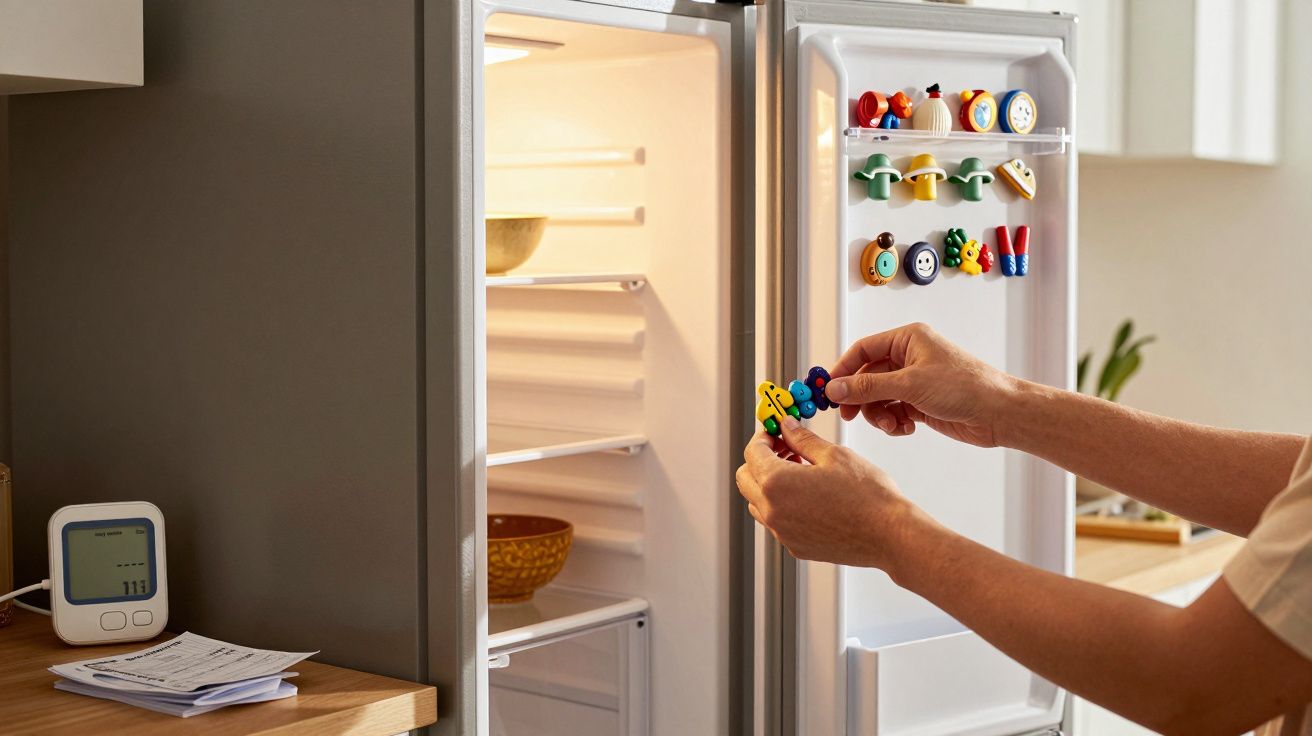Otwarte drzwi lodówki z kolorowymi magnesami, osoba przestawia magnes na lodówce.