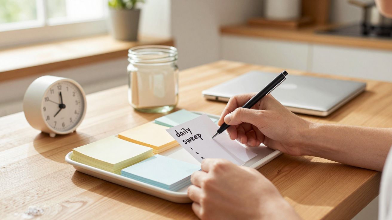 Osoba pisząca na notatniku przy biurku z zegarem i laptopem w tle.