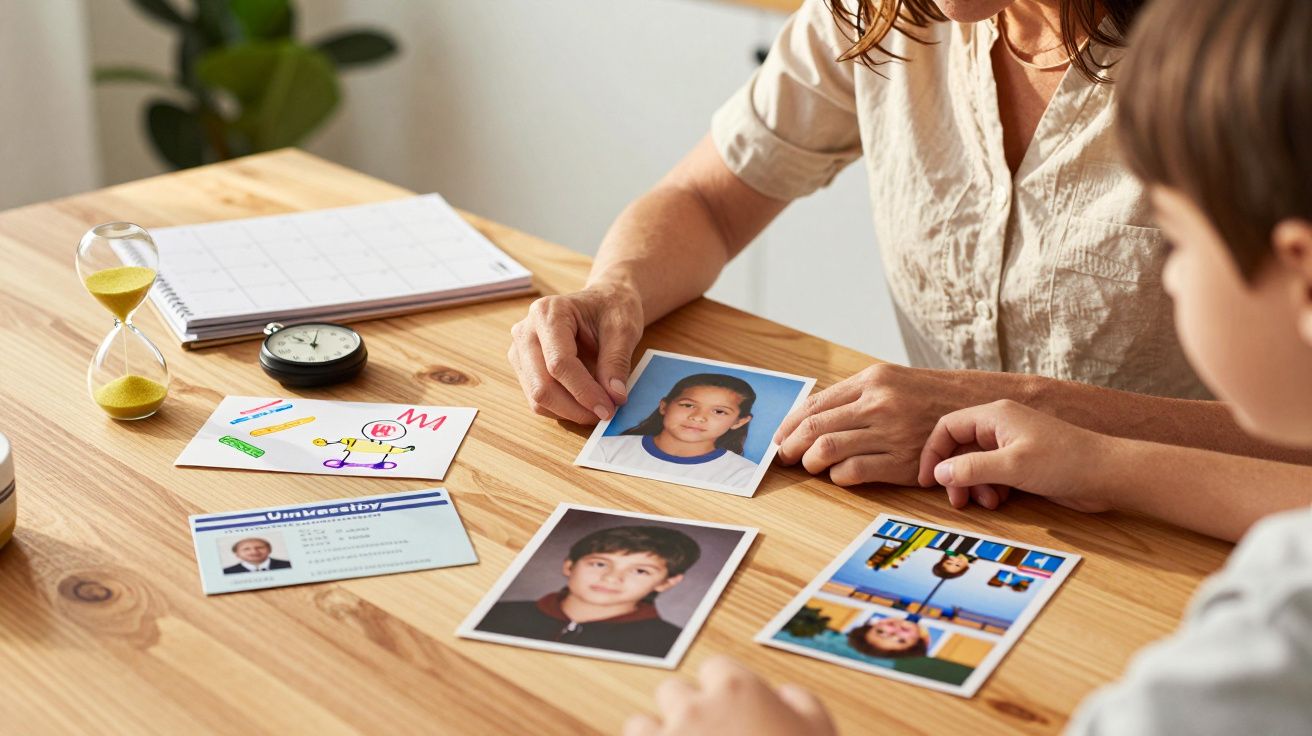 Osoby przy stole oglądają zdjęcia dzieci, notatnik, klepsydrę i zegarek.