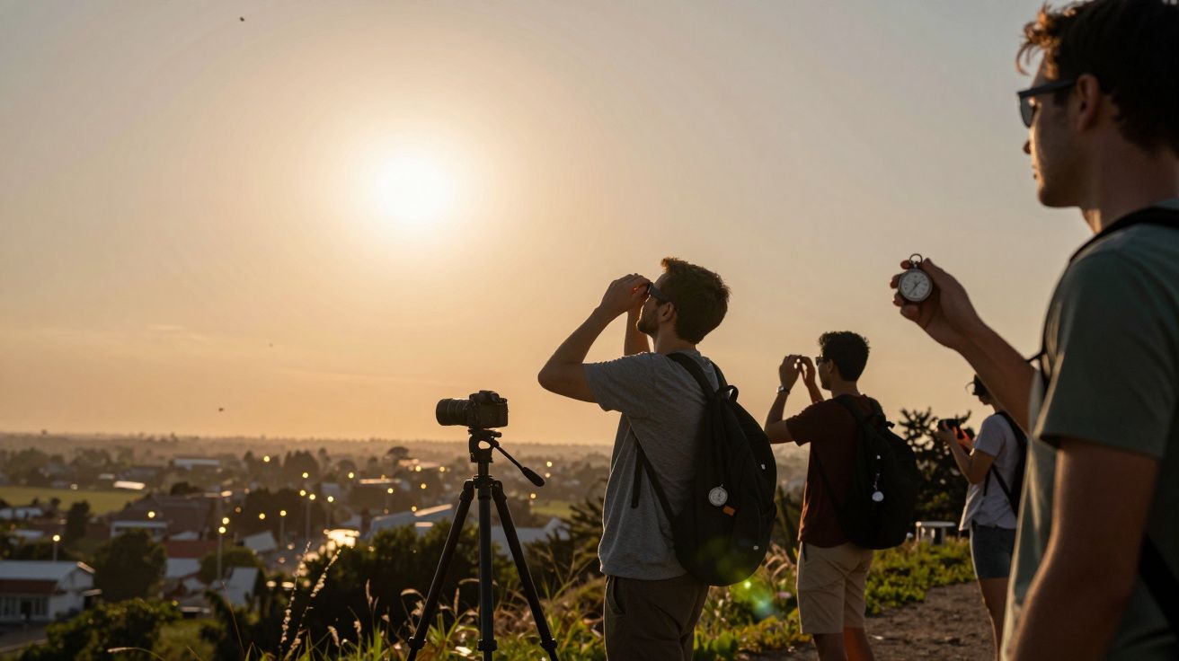Grupa osób obserwująca zachód słońca z wzgórza, aparat na statywie w tle.