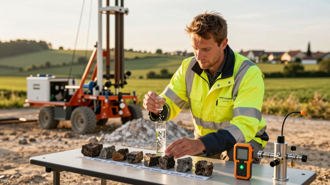 Mężczyzna w kamizelce ochronnej bada próbki skał na stole na tle sprzętu geologicznego i wiejskiego krajobrazu.