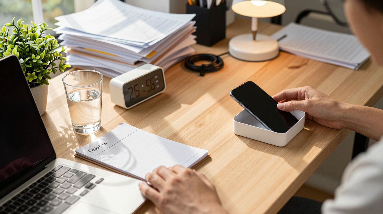 Osoba przy biurku, trzyma smartfon w pudełku; laptop, szklanka wody, zegar, notatki i lampa na stole.