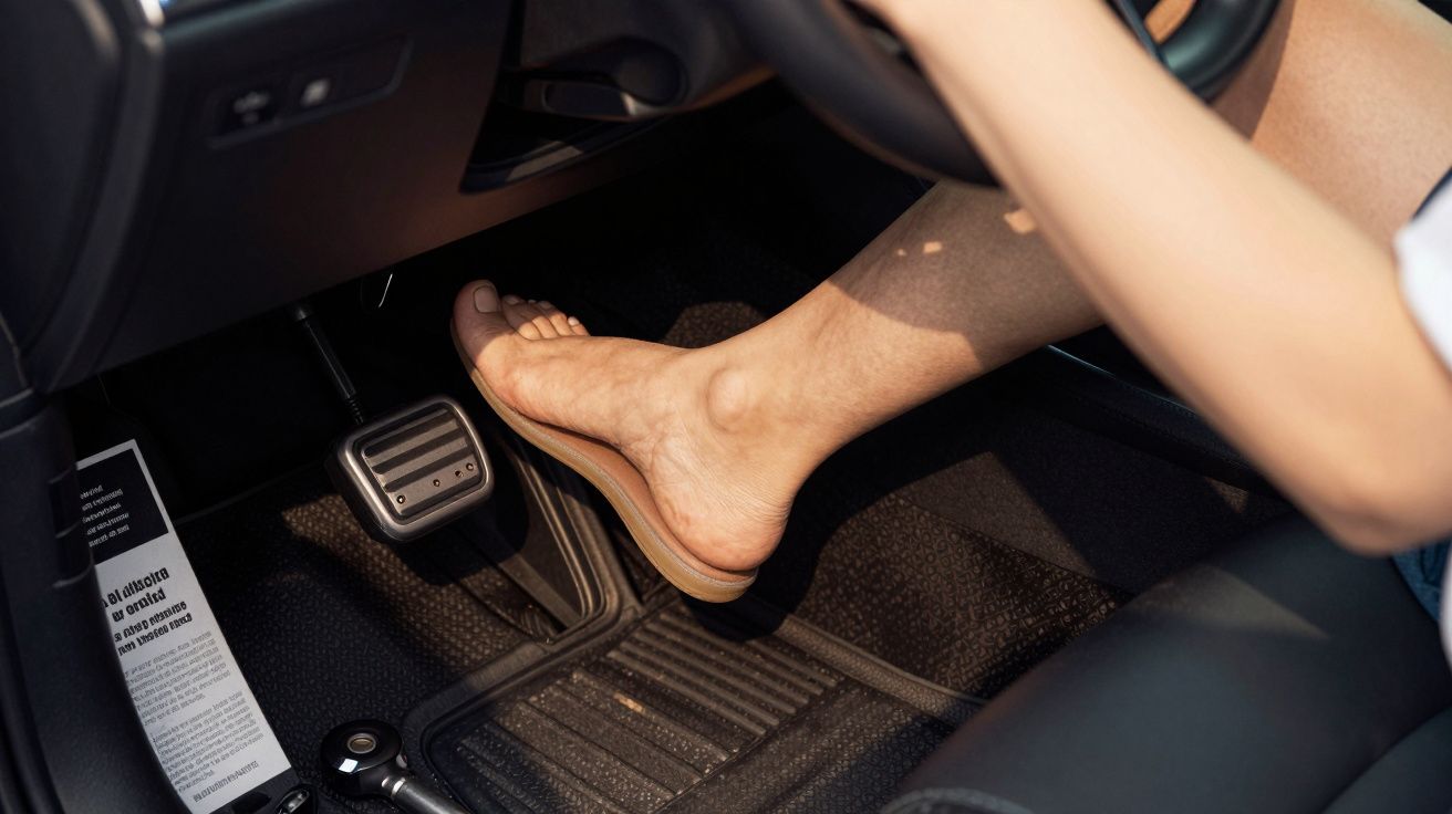 Stopa na pedałach w samochodzie, osoba bez buta na pedałach gazu i hamulca.