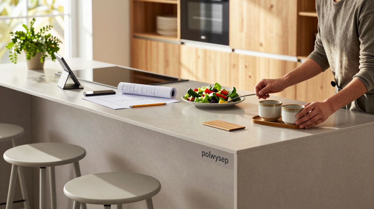 Osoba przygotowująca kawę przy nowoczesnej wyspie kuchennej z sałatką, tabletem i notatkami.