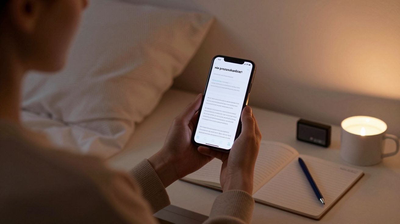 Osoba trzymająca smartfon z tekstem, siedzi przy stole z notatnikiem, długopisem i świecą w tle.