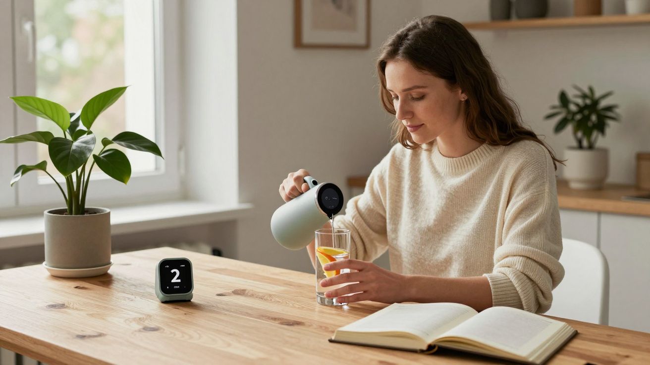 Kobieta nalewa wodę do szklanki z cytryną przy stole. Obok leży otwarta książka i stoi inteligentny głośnik.