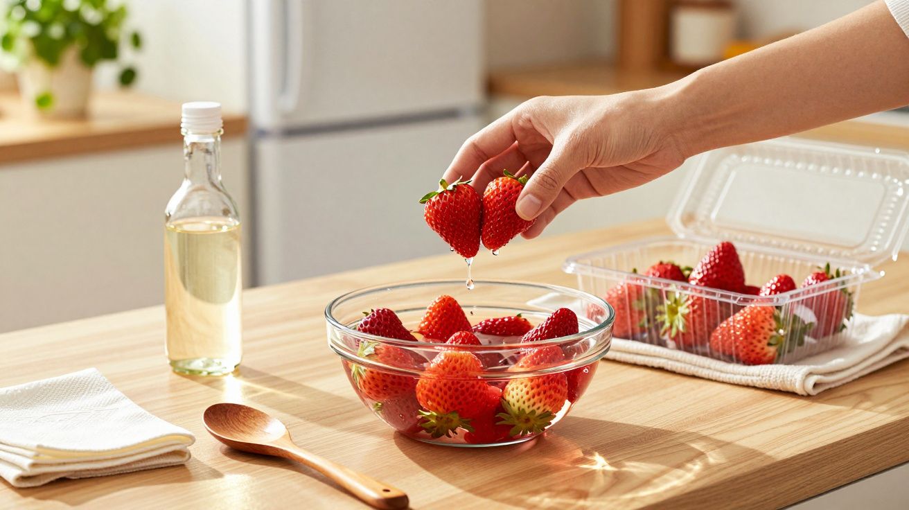 Ręka wkłada truskawki do miski z wodą na kuchennym blacie, obok butelka płynu i drewniana łyżka.
