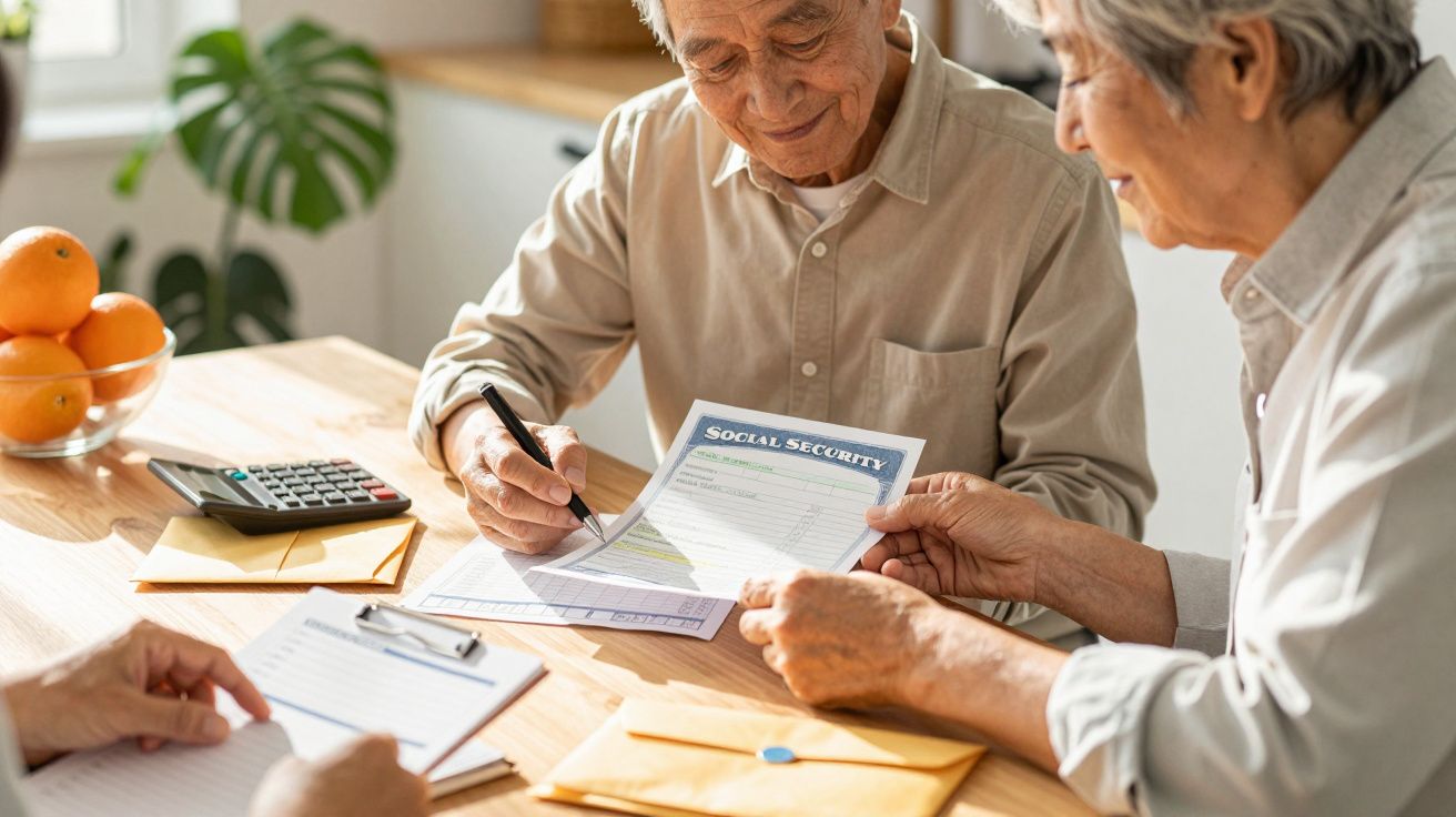 Seniorzy analizują dokumenty przy stole, w tym formularz zabezpieczenia społecznego. Na stole kalkulator i pomarańcze.