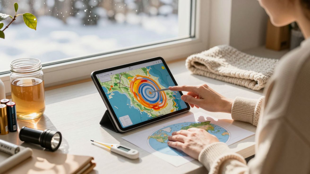 Osoba ogląda na tablecie mapę pogody z cyklonem, siedząc przy biurku obok map, termometru i latarki.