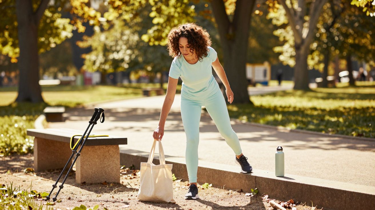 Kobieta w sportowej odzieży podnosi torbę na ławce w parku, obok butelka na wodę i kijki do nordic walking.
