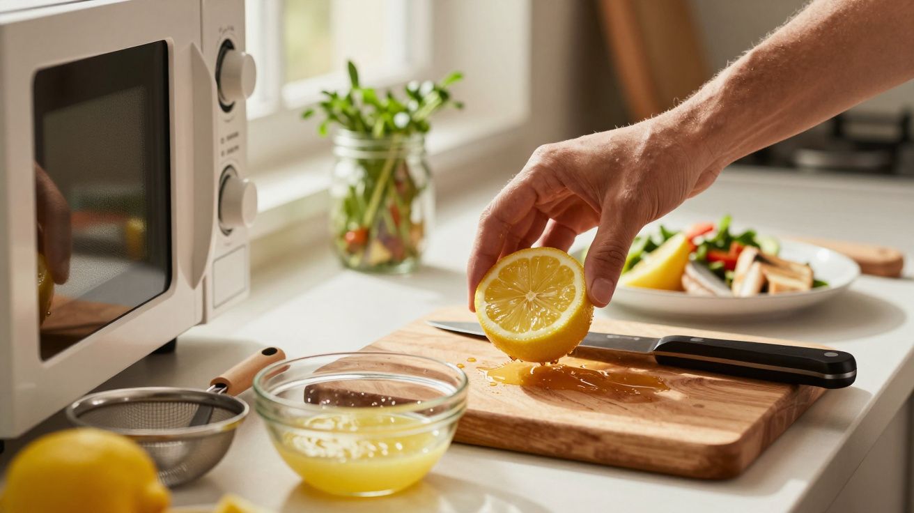 Osoba wyciskająca sok z cytryny na desce w kuchni, obok miska z sokiem, nóż i sałatka w tle.
