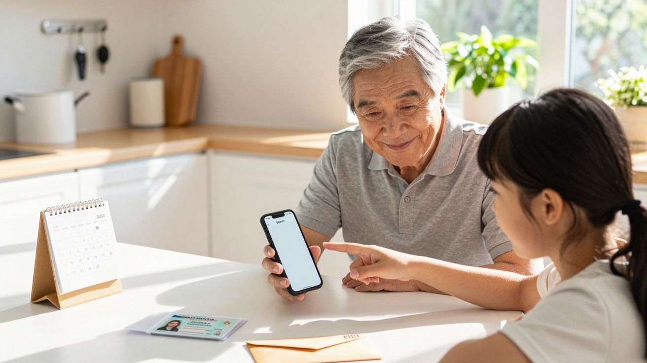 Starszy mężczyzna i dziewczynka siedzą przy stole w kuchni, patrząc na smartfon. Na stole leży kalendarz i dokumenty.