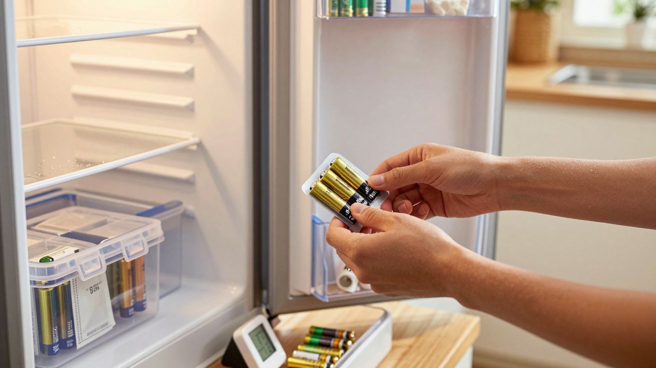 Osoba wkładająca baterie do lodówki, na półce widoczne są pojemniki z bateriami.