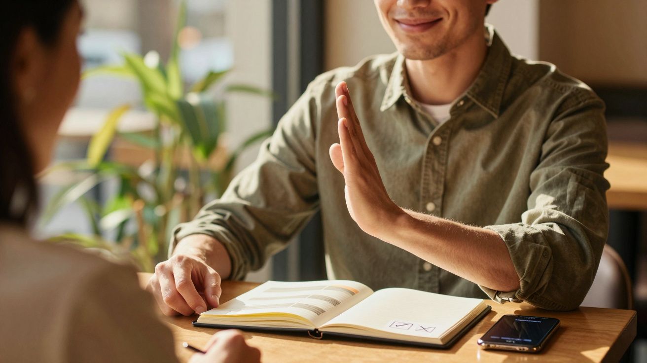 Mężczyzna gestem ręki odmawia, siedząc przy stole z otwartym notesem i telefonem, naprzeciwko innej osoby.