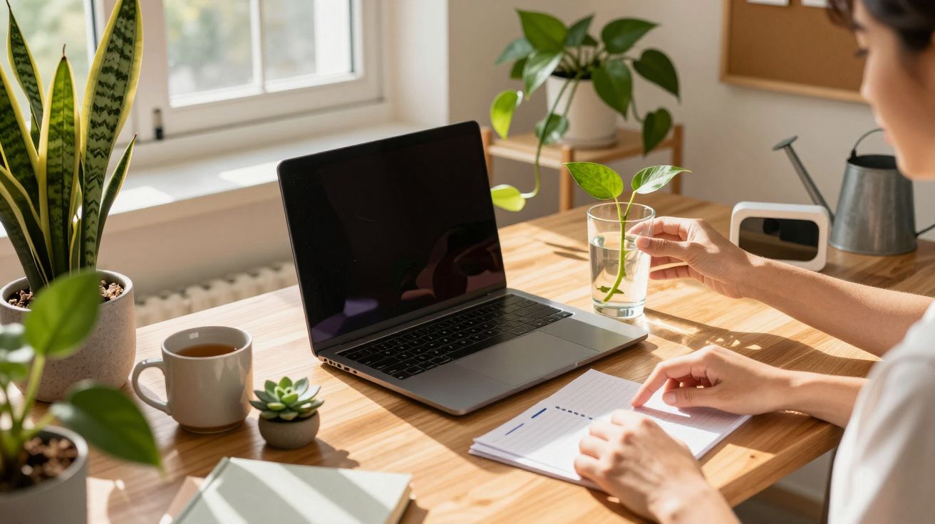 Osoba pracująca przy biurku z laptopem, notatnikiem i kubkiem kawy, w otoczeniu roślin doniczkowych.