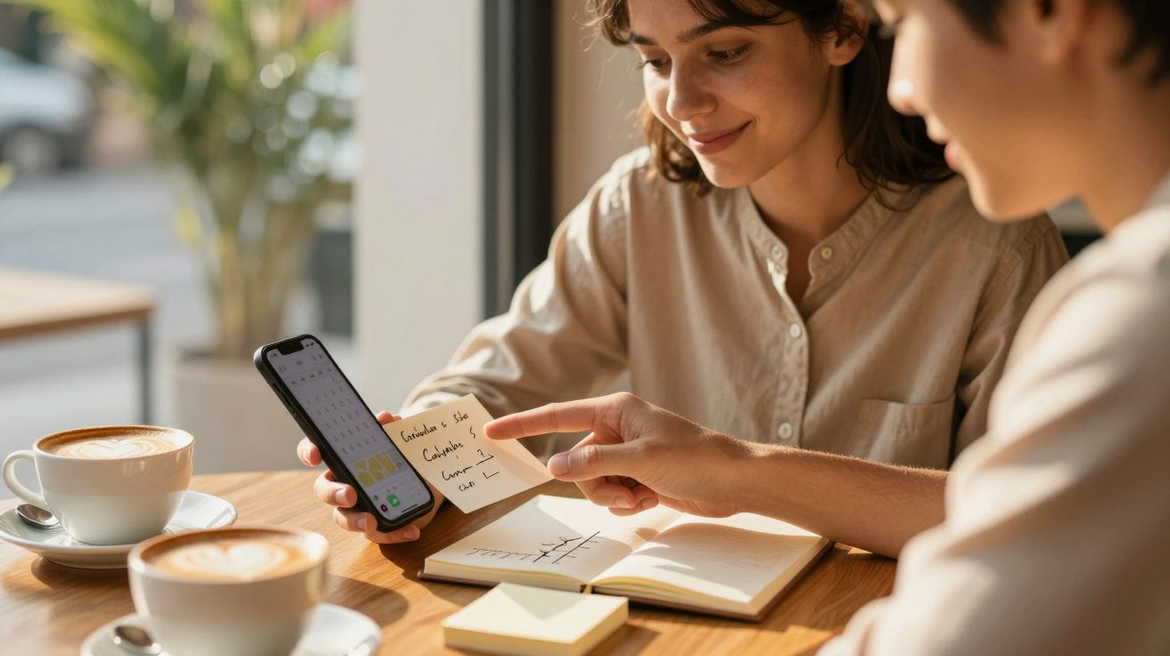 Dwie osoby siedzące przy stole w kawiarni, jedna pokazuje drugiej notatkę na telefonie. Na stole leżą filiżanki kawy.