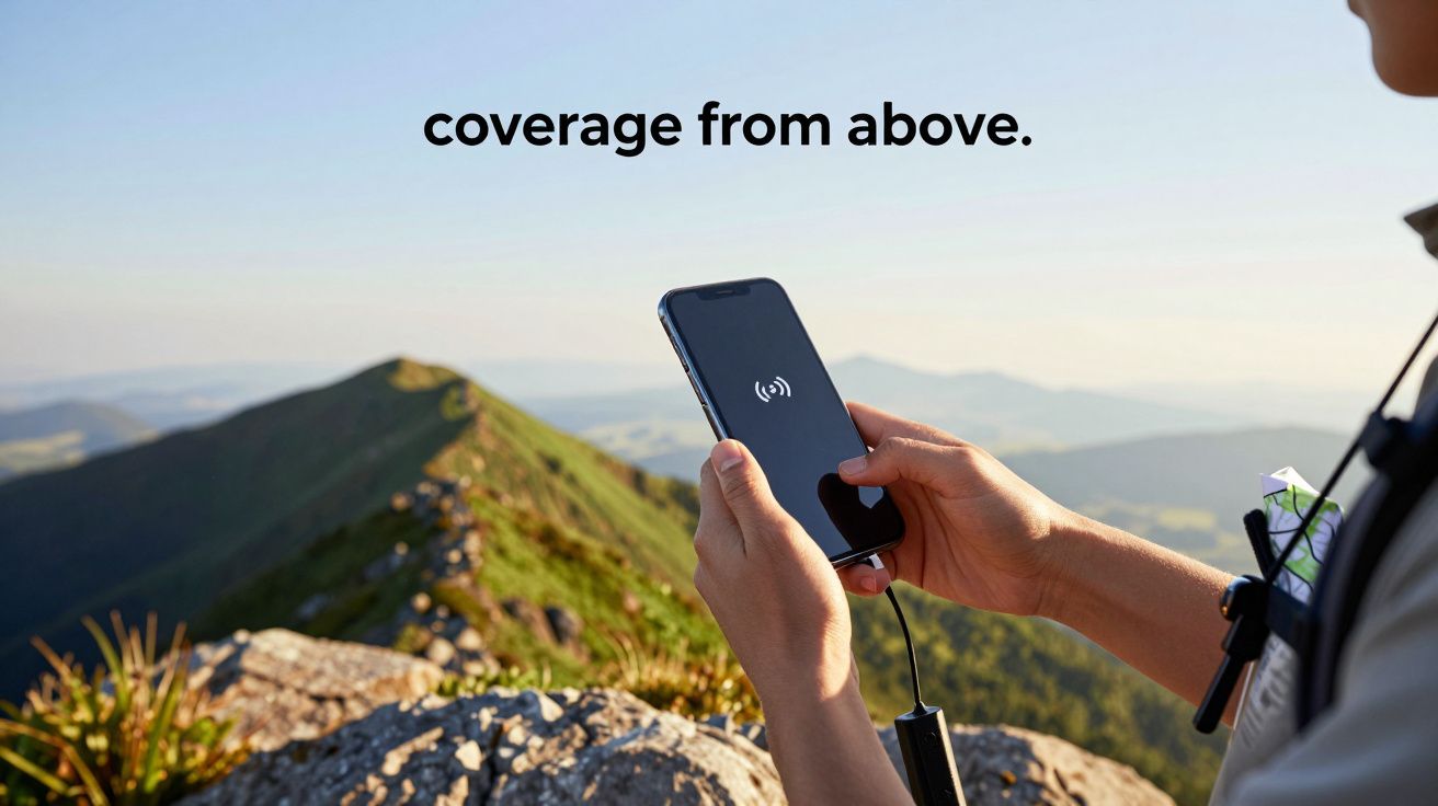 Osoba trzymająca telefon na tle górskiego krajobrazu, nad nimi napis "coverage from above".