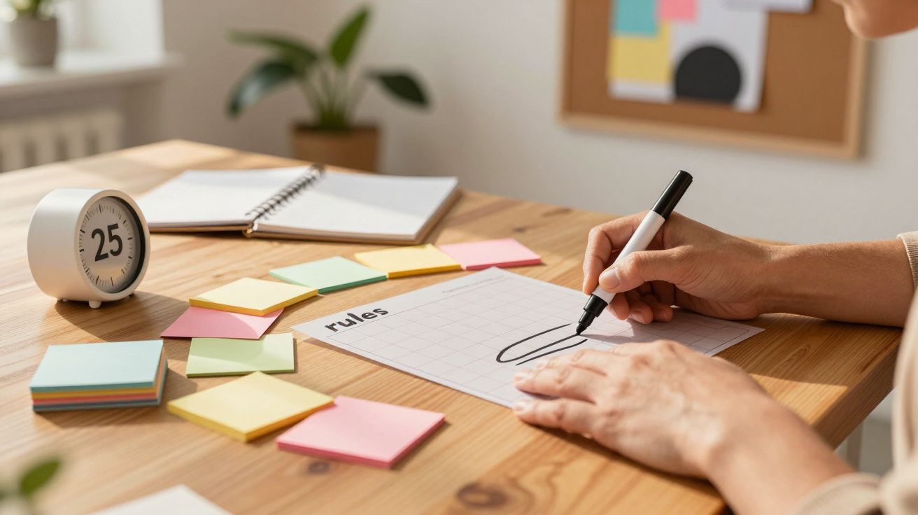 Osoba pisze na kartce z napisem "rules", obok kolorowe karteczki i zegar na biurku.