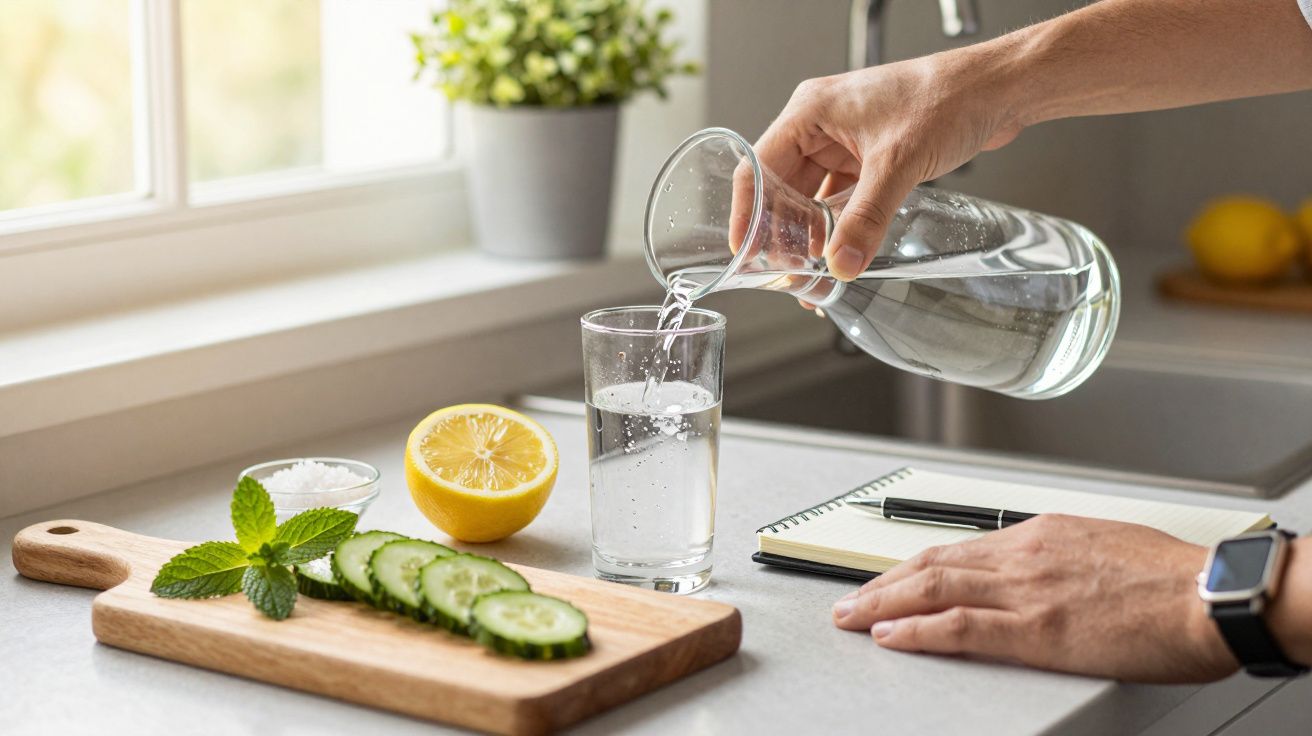Ręka nalewa wodę z karafki do szklanki na blacie, obok deska z ogórkiem, cytryną i miętą.