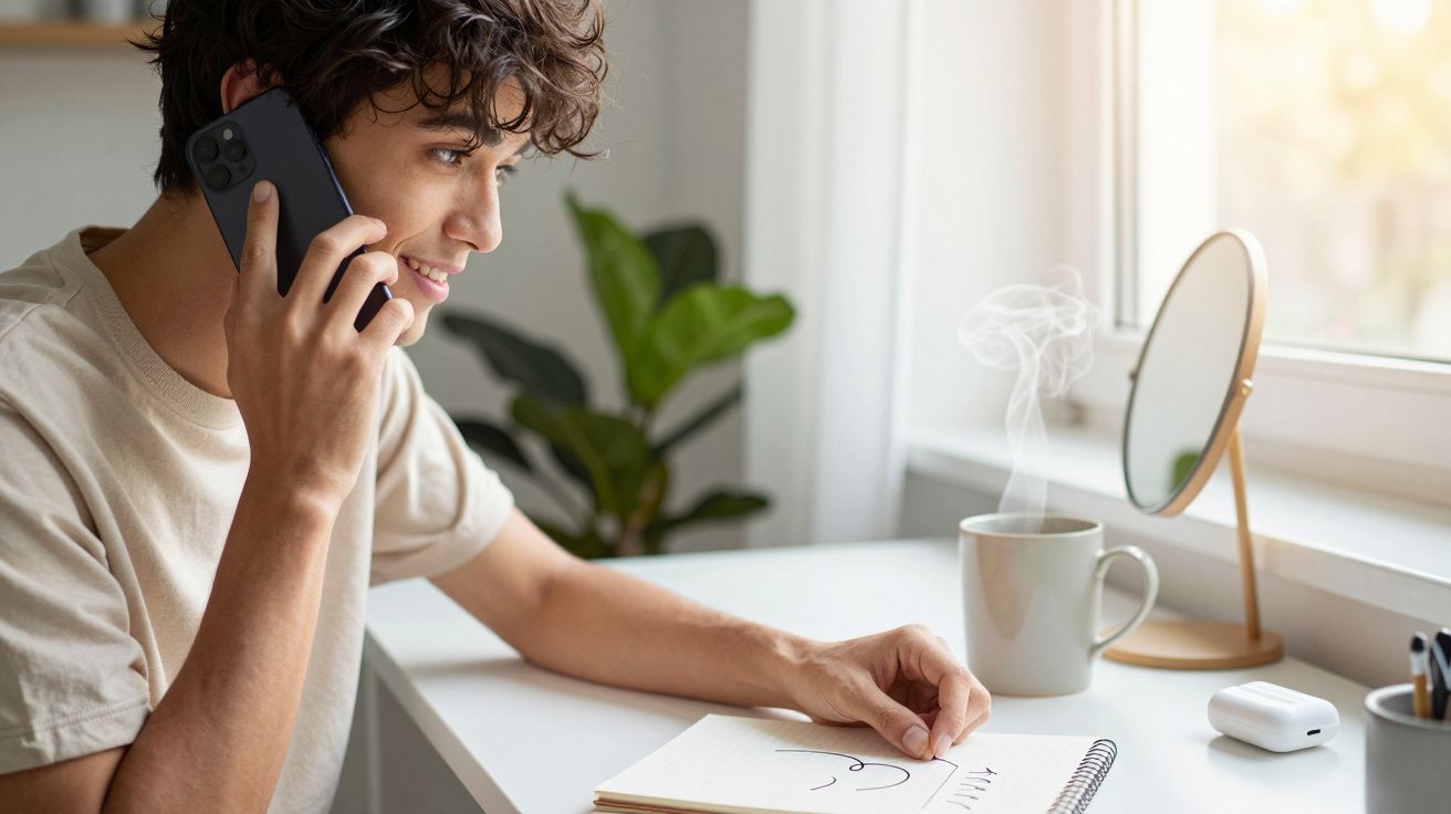 Młody mężczyzna rozmawia przez telefon siedząc przy biurku, z notatnikiem i parującą kawą obok.