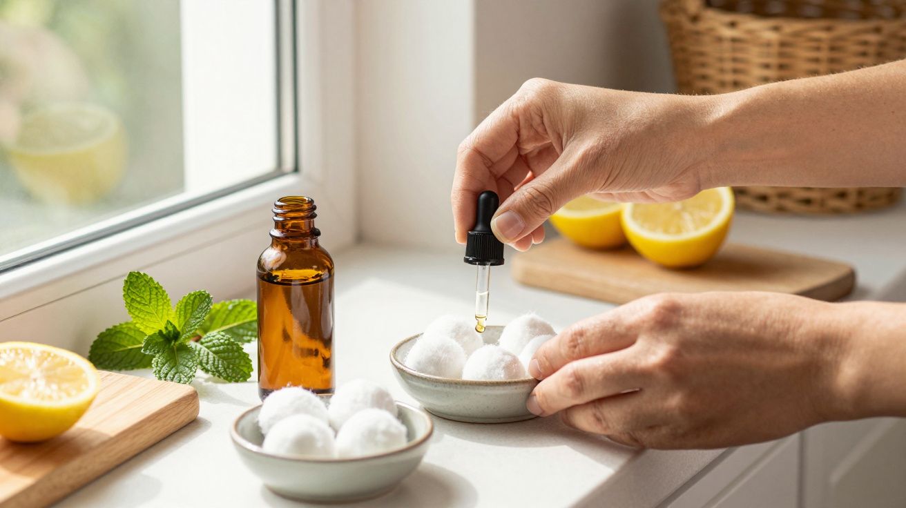 Osoba nakłada krople olejku z pipety na waciki w misce, obok cytryny i liście mięty na parapecie.