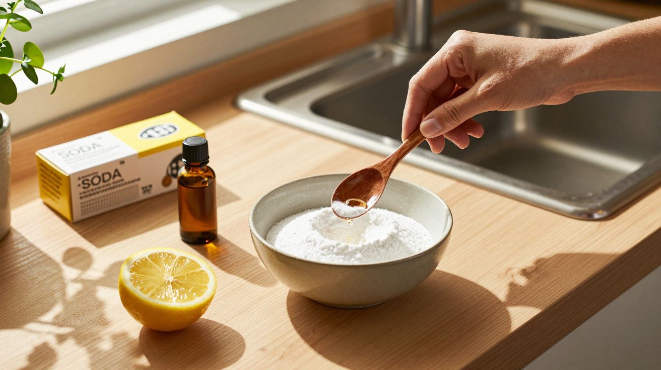 Dłoń trzymająca łyżeczkę nad miską z sodą, obok cytryna i buteleczka.