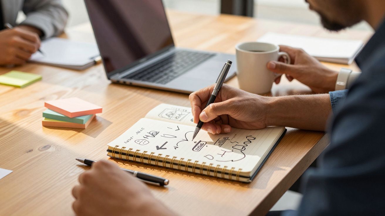 Mężczyzna robi notatki w zeszycie przy stole z laptopem i kubkiem kawy.