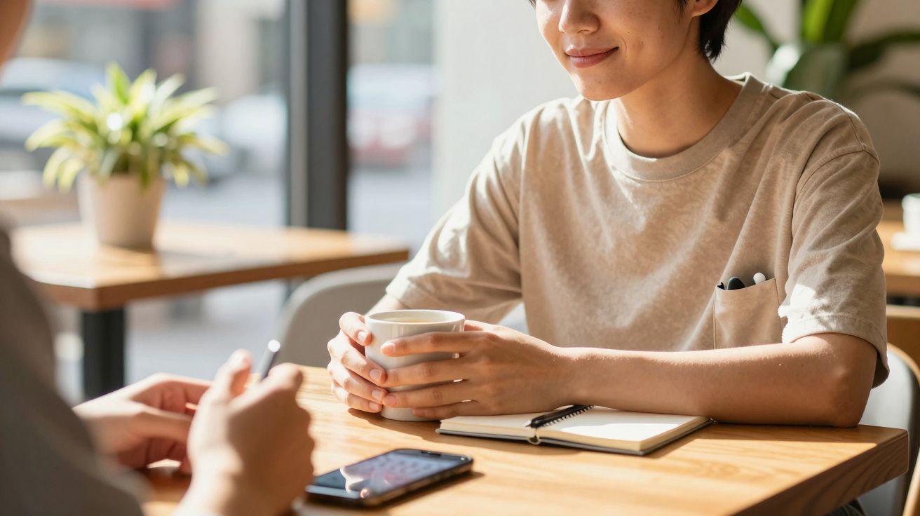 Osoba w kawiarni trzyma filiżankę kawy przy stoliku z notatnikiem i telefonem.