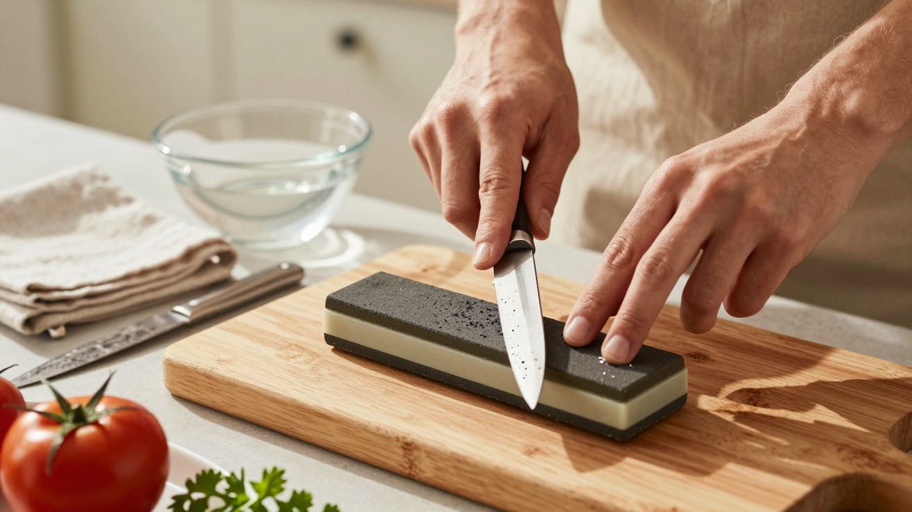 Osoba ostrząca nóż na kamieniu na desce do krojenia w kuchni.