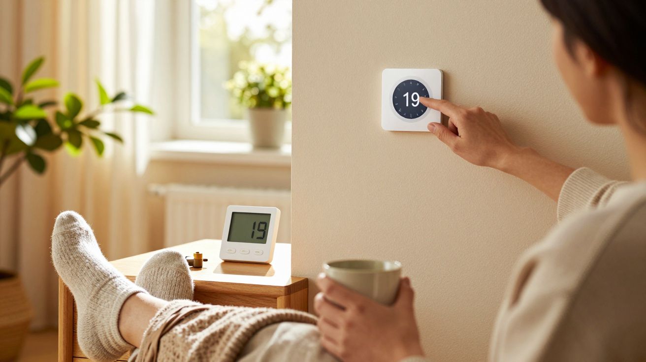 Osoba w swetrze reguluje termostat na 19°C, trzymając kubek. Obok termometr pokazuje tę samą temperaturę.